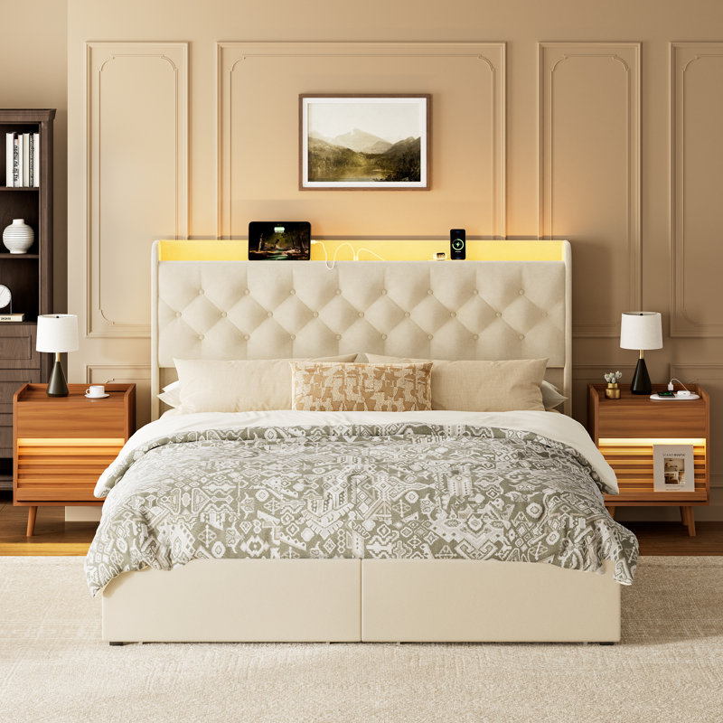 Ensemble de chambre à coucher 3 pièces, lit rembourré avec 4 tiroirs et 2 tables de chevet inclinées, Beige / Naturel