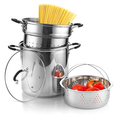 Cook N Home Basics 12 Quart Pasta Pot with Strainer, 18/10 Stainless Steel Pasta Cooker Steamer Multipots, Tempered Glass Lid, Induction, Compatible with Most Stovetops, Dishwasher & Oven Safe