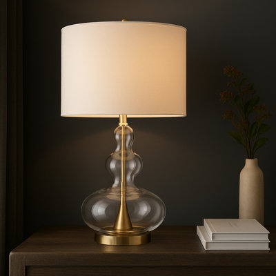 Glass Table Lamp With Brass Base And White Drum Shade