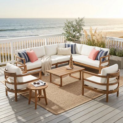 Ensemble de canapé modulaire d'extérieur en bois d'acacia 7 places, mobilier de patio avec coussins résistants à l'eau de 6 po, conception ergonomique à haut dossier, pieds réglables, grand ensemble de conversation modulaire pour le jardin