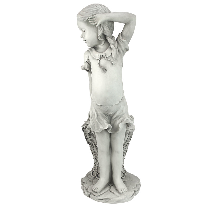 Off-White Resin Flower Girl Garden Statue with Wicker Planter