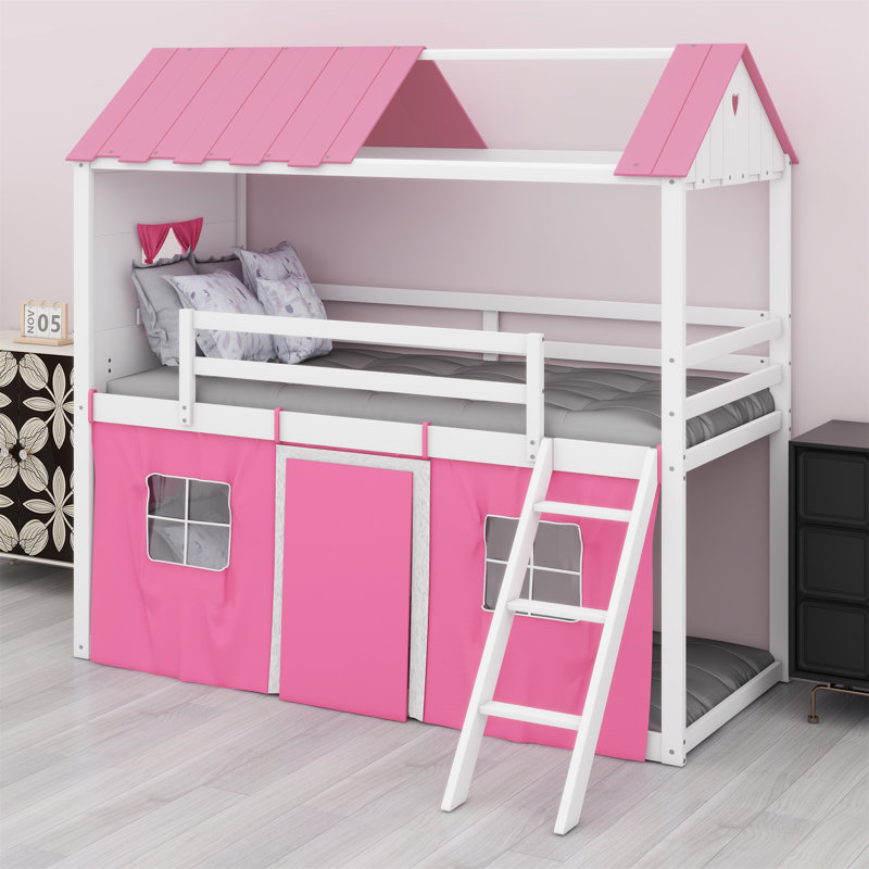 Kobart Bunk Wood House Bed with Elegant Windows, Sills and Tent, Full, Pink/White