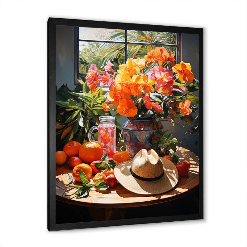 Ombres florales mexicaines Sombrero III - Art mural mexicain, Cadre simple noir, H 44 po x l 34 po x P 1,5 po