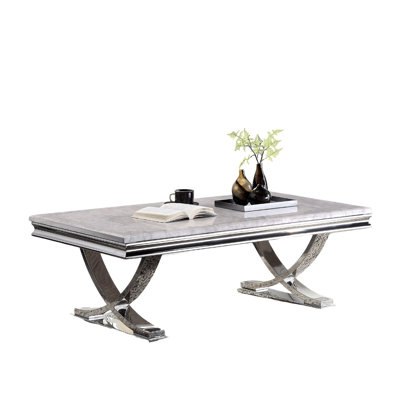 Glam Chrome Coffee Table with 18mm Beveled Faux Marble Top and Pedestal Base