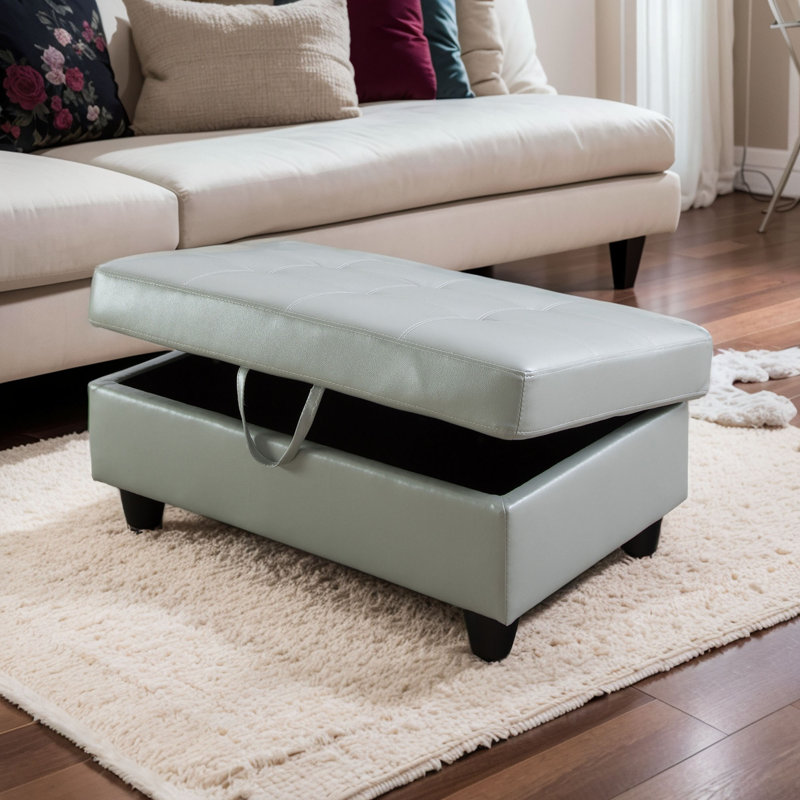 Faux Leather Ottoman, Silver Green Faux Leather
