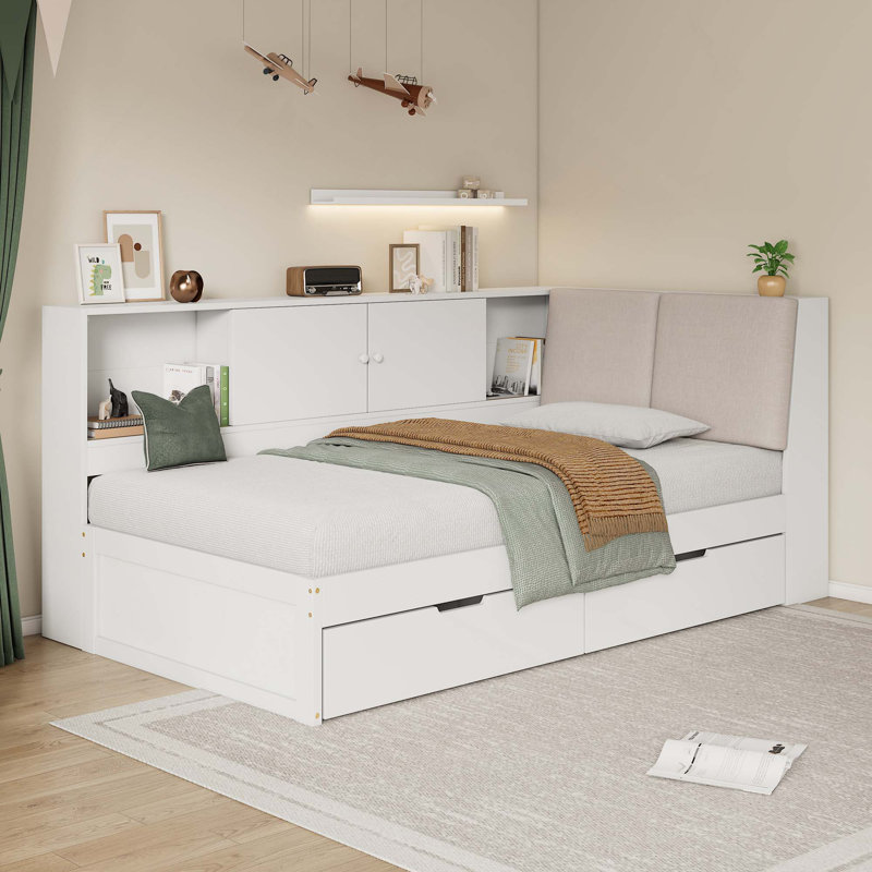 L-shaped Daybed Corner Bed Under-bed Drawers with Storage Bookcase, Twin, White