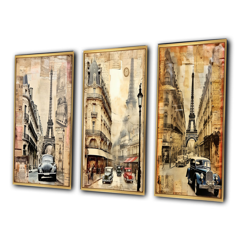 «Paris Nostalgia Vintage Collage III», 3 pièces, H 20 po x l 36 po, Cadre flottant doré