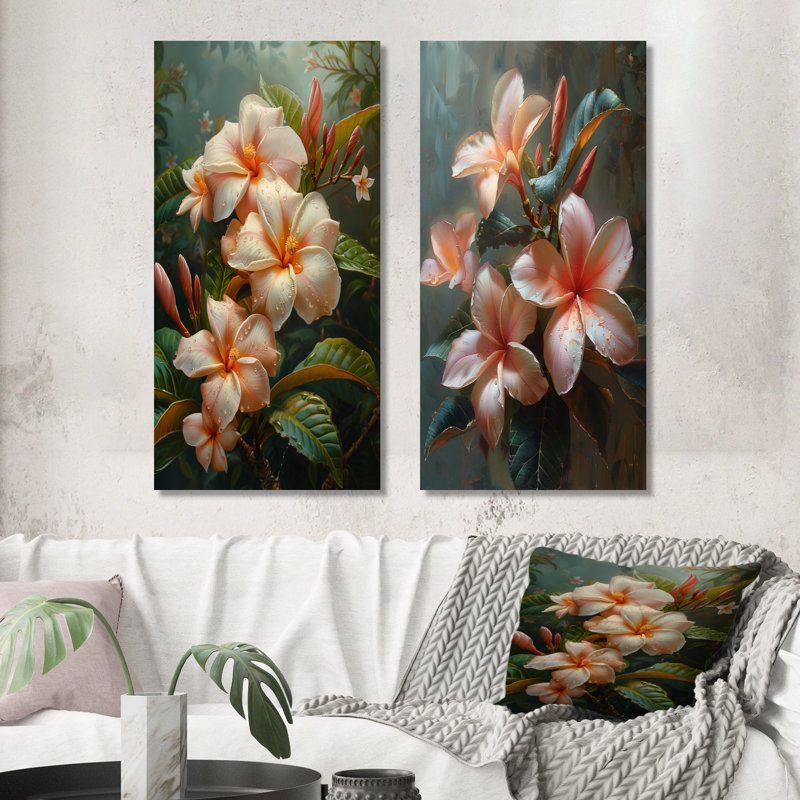 Ensemble de 2 pièces d'art mural roses et blanches tropicales Plumeria I, H 28 po x l 24 po, Toile tendue sur cadre