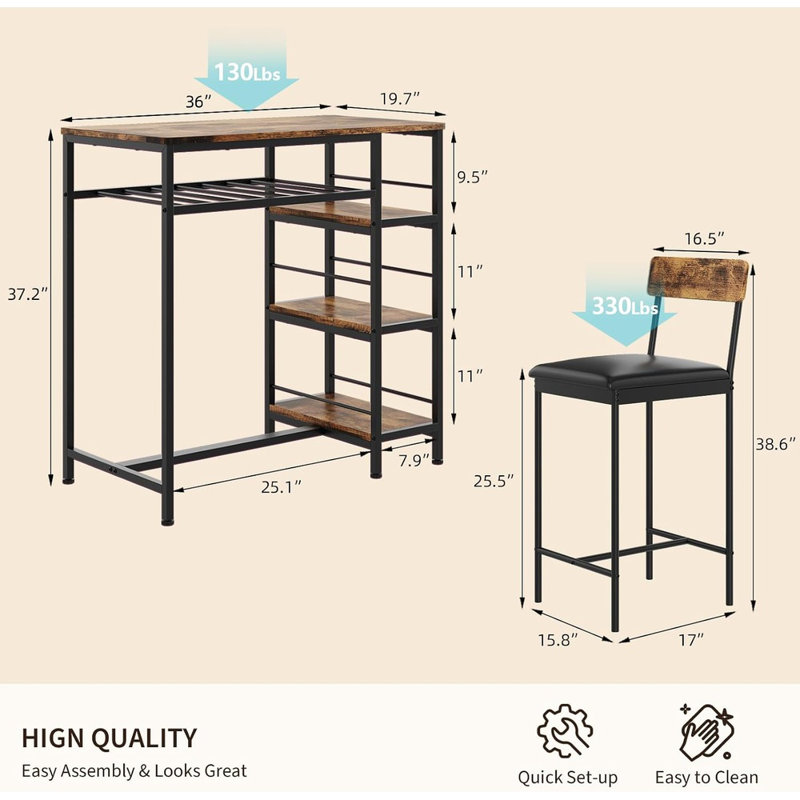 Ensemble de salle à manger 3 pièces, table de bar compacte avec 2 tabourets, ensemble de table de cuisine compacte pour coin-repas avec porte-bouteilles