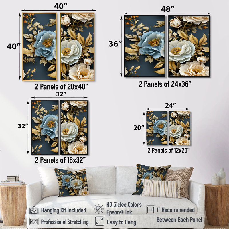 «Blue Timeless Floral Elegance Wonderland», reproduction d'art moderne sur toile 2 pièces, H 20 po x l 24 po, Brun