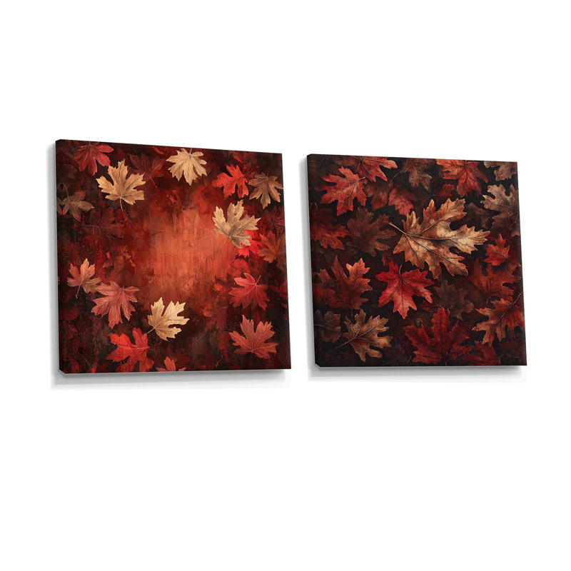 «Red Falling Maple Leaves I» - décoration murale feuilles - art mural traditionnel 2 pièces, Ne s’applique pas