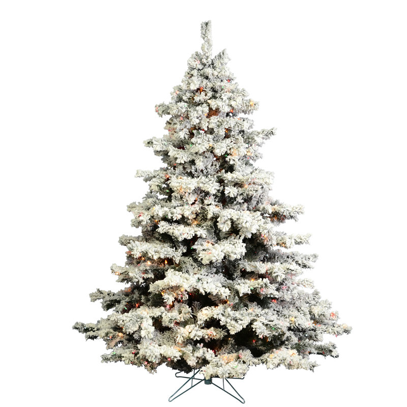 Flocked Alaskan 7.5' White Artificial Christmas Tree with 900 Multicolored Lights with Stand, 4.5' H