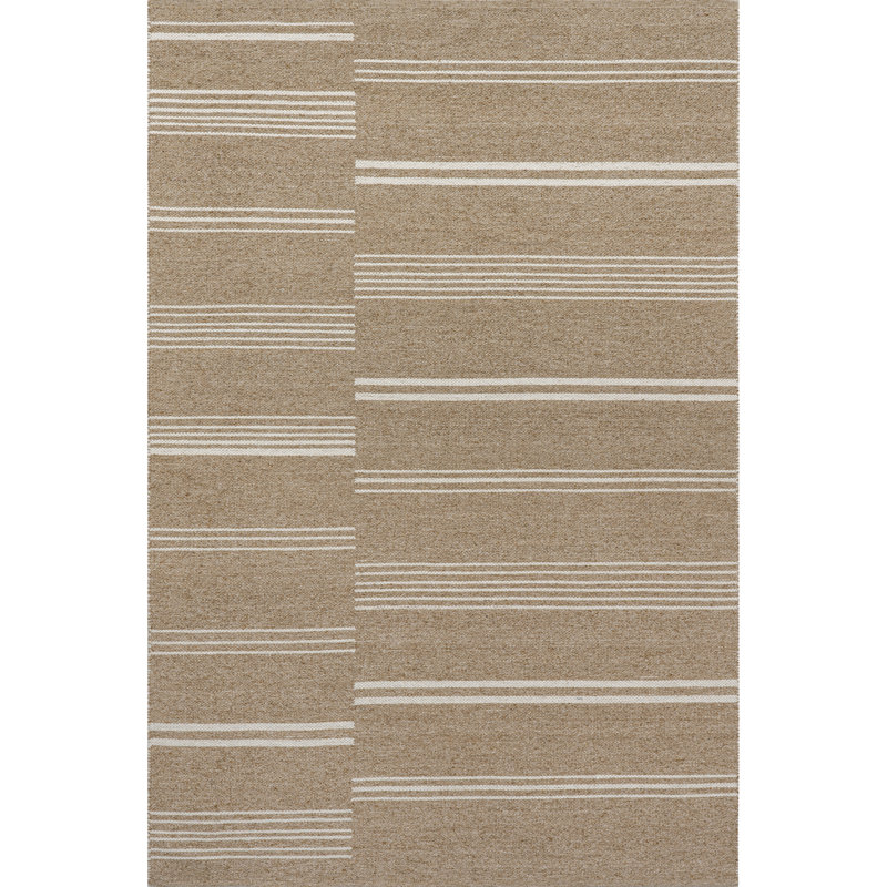 Sand and Off-White Wool Reversible Striped Rectangular Rug, 6' x 9'