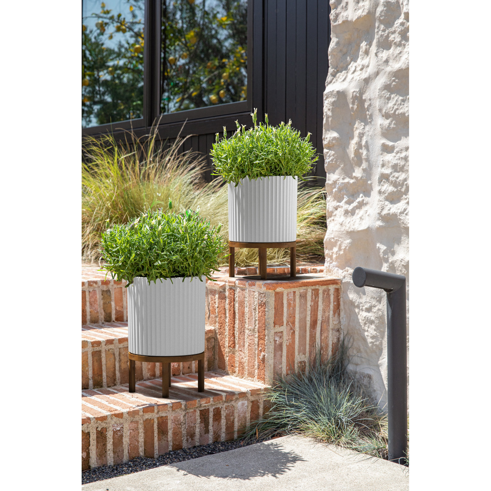 Demi Series Planter with Stand, 2, White/Brown, 16" H x 10.5" W x 10.5" D