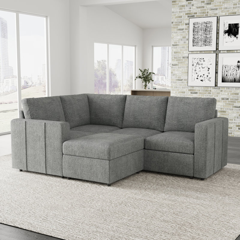 Aubade L-Shape Sectional Sofa Storage Couch With Removable Ottomans, Light Gray Chenille