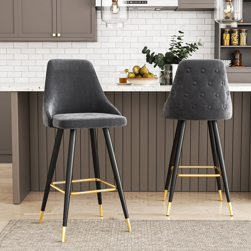 Yareli 77cm high Upholstered Counter Stool Dining Chair with Metal Frame (Set of 2), Grey