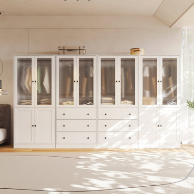 20"D x 126"W x 71"H Modern Armoire With Soft-Close Doors — Fluted Glass Wardrobe Closet With Shelves & Drawers