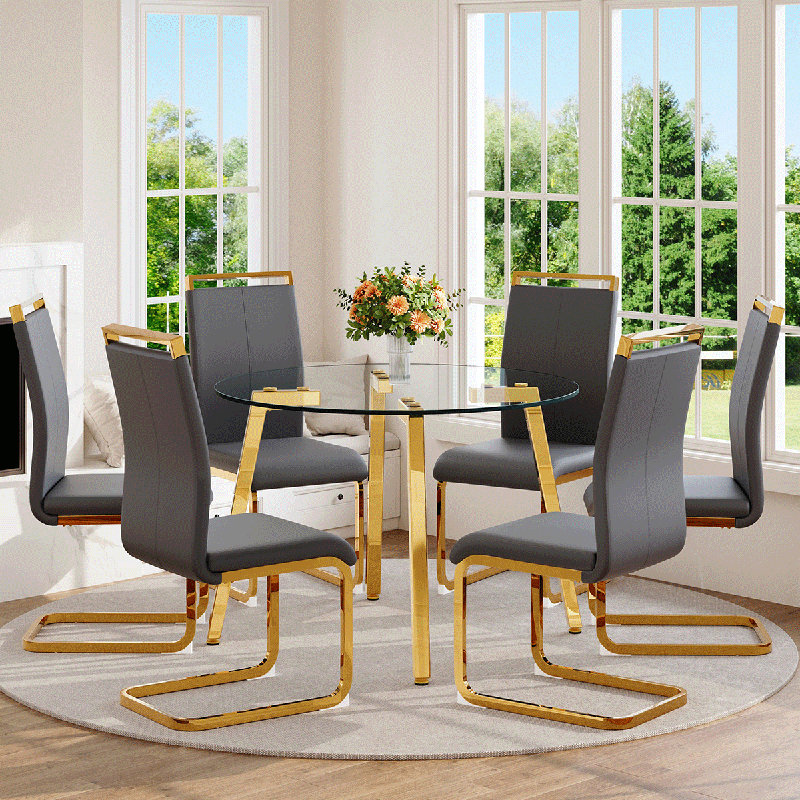 Table de salle à manger ronde moderne, table de salle à manger en verre trempé et chaises avec pieds en métal doré, Gris