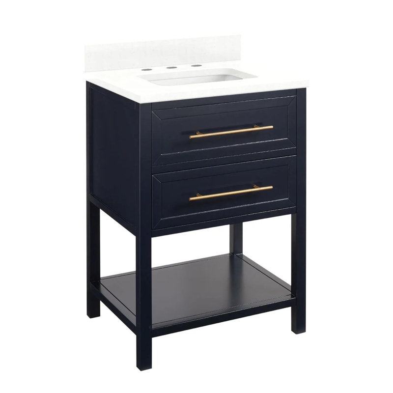 24" Robertson Single Bathroom Vanity Set with Oval Undermount Sink, Feathered White Quartz, 8" Widespread, Midnight Navy Blue