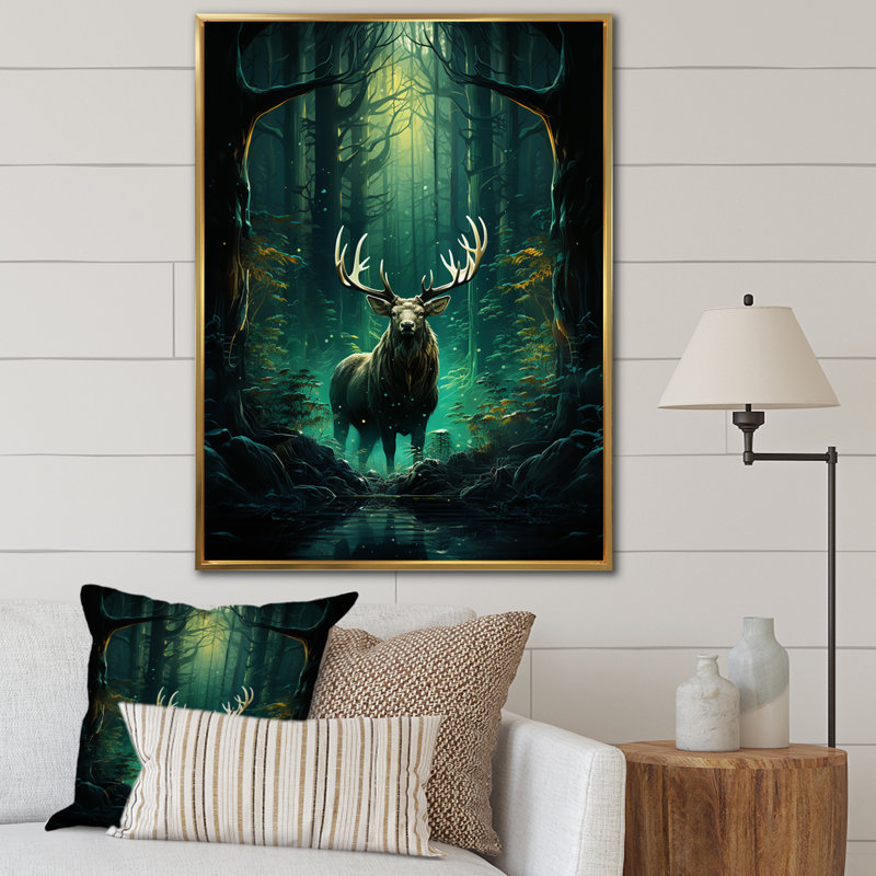 «Lagrant Teal Green Moose Enchanted Forest II», reproduction sur toile, H 20 po x l 12 po x P 1 po, Cadre flottant doré