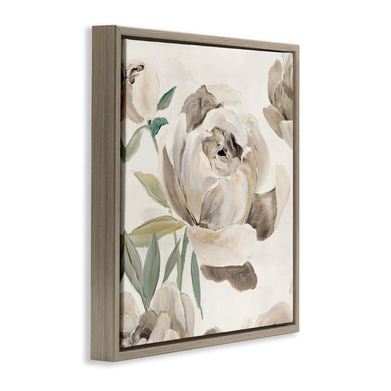 Cadre flottant arrondi avec pivoines lustrées, design par Aria K., H 25 po x l 25 po, Cadre flottant orme Montalcino