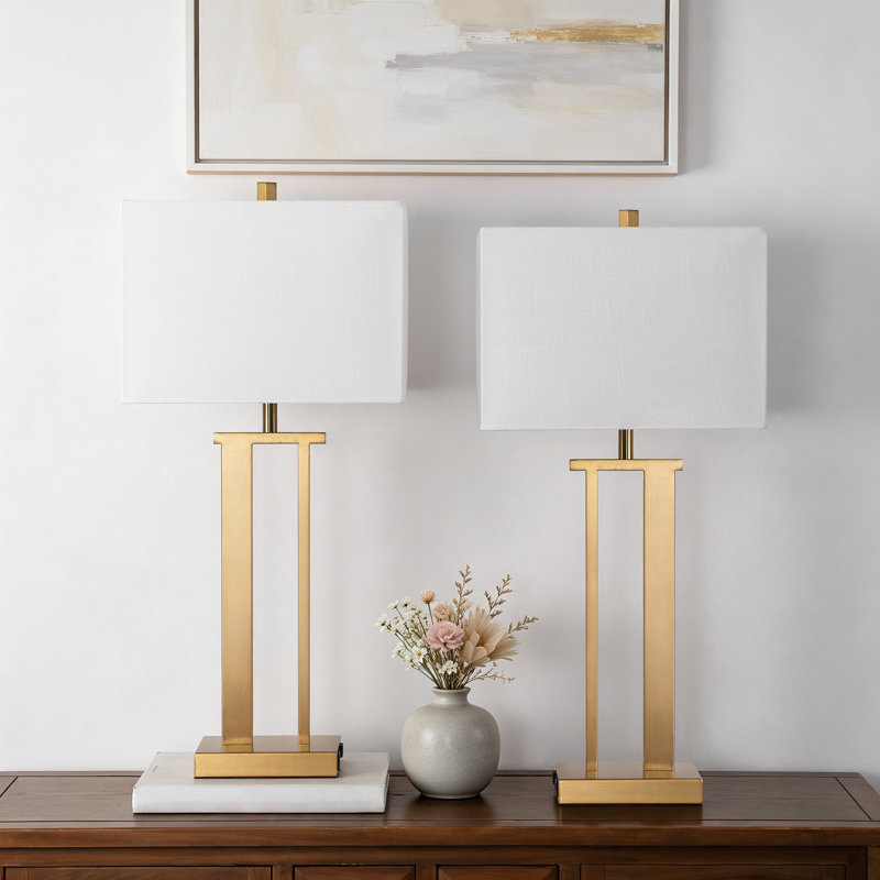 Ensemble de lampes de table modernes à commande tactile 29 po avec abat-jour en tissu blanc 29 po (ensemble de 2), Or brossé