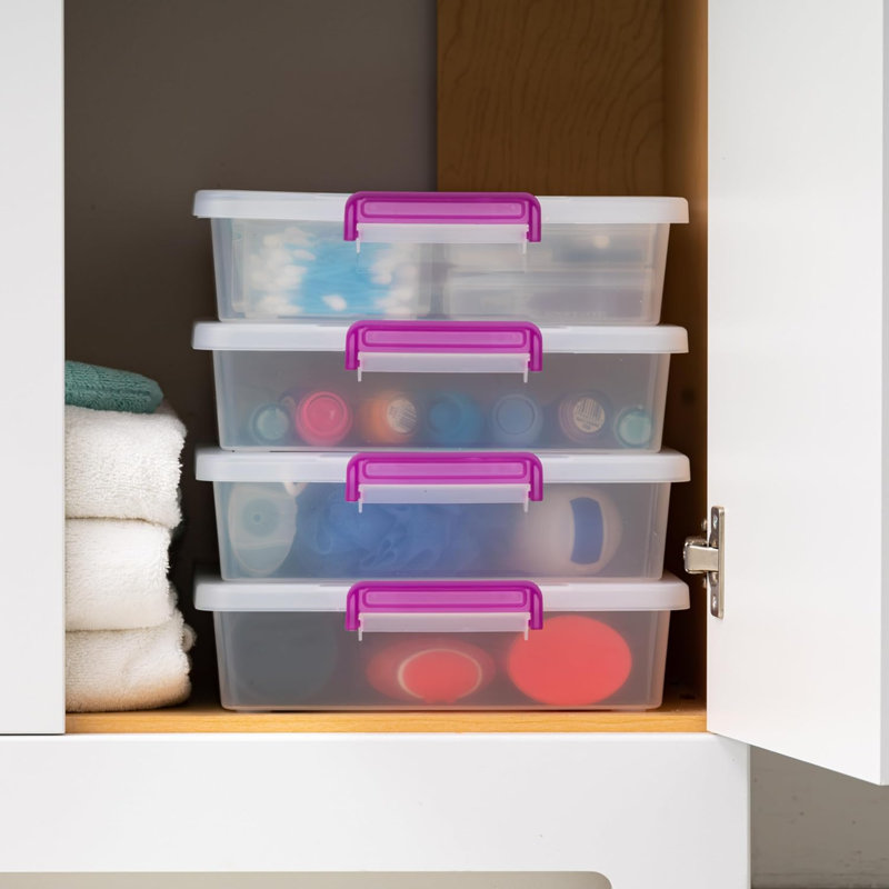 Plastic Storage Bins With Lids 6 Qt. Craft Organizers And Storage, Art Supply Storage Organizer, Arts And Crafts Organizer, Stackable And Secure Latch, Clear/Violet - 6 Pack