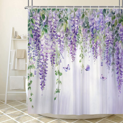 Purple Lavender Floral Butterfly Shower Curtain, Spring Purple Lilac Flower Leaves Fabric Shower Curtains Set For Girl Bathroom Decorative, Watercolor Restroom Decor Accessories With Hooks 72X72 Inch
