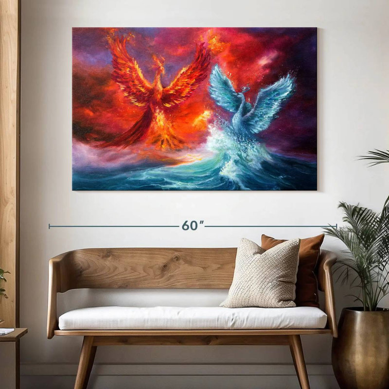 Fire Phoenix et cygne abyssal, H 34 po x l 51 po