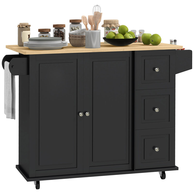 Marib Kitchen Island with Solid Wood Top, Black