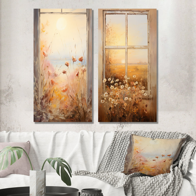 «Vintage Floral Meadow Windows View IV - Meadow», ensemble de 2 reproductions d'art sur toile, H 28 po x l 25 po