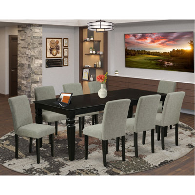 9 Piece Dining Room Furniture Set Includes a Rectangle Wooden Table with Butterfly Leaf and 8 Shitake Linen Fabric Parson Chairs, Black