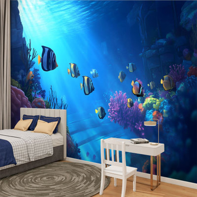Peel and Stick Canvas Wallpaper Wall Mural Bright Underwater Coral Reef Scene Tropical Fish Wall Art Self Adhesive and Removable