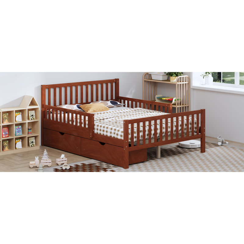 Lit plateforme en bois de noyer pleine grandeur avec garde-corps et deux tiroirs pour le rangement de la chambre à coucher, finition lisse, stabilité à 8 lattes avec les deux tiroirs de rangement latéraux, contreplaqué robuste, sommeil sécuritaire et confortable