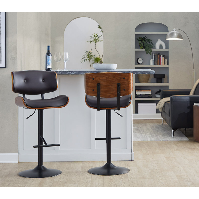 Tabouret de bar réglable avec pivot en métal noir, bois de noyer et similicuir espresso avec repose-pieds droit en T - ensemble de 2