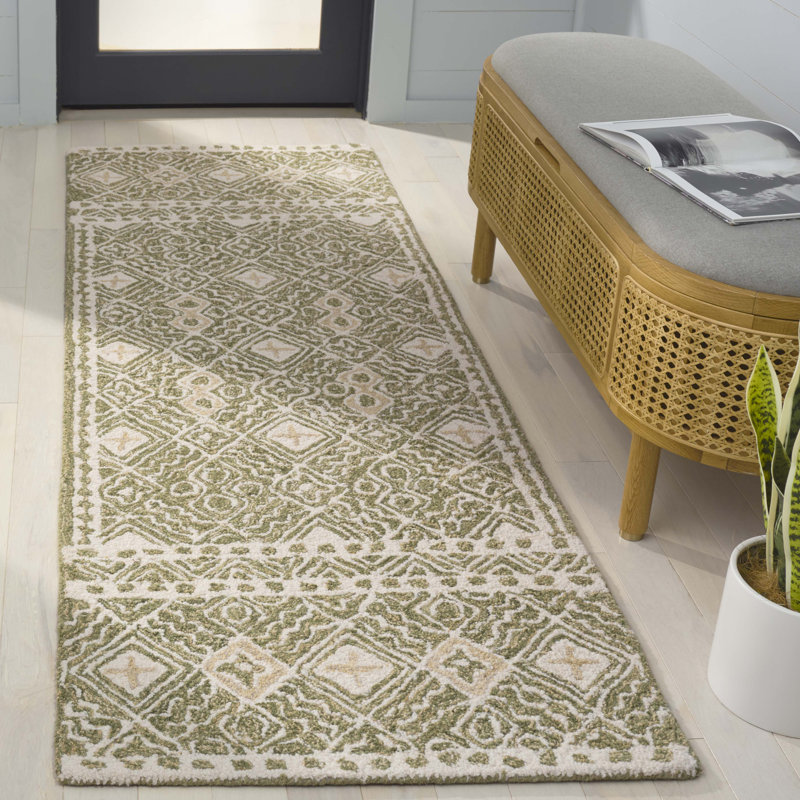 Tapis en laine / coton touffeté à la main Decklen en ivoire / vert, Tapis de couloir 2 pi 3 po x 5 pi