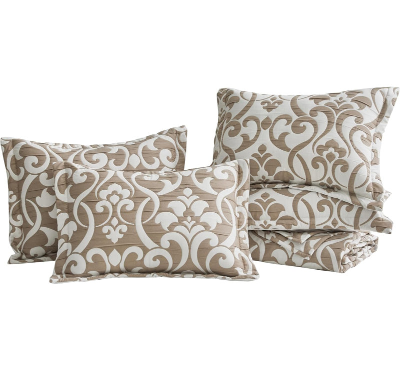5-Piece Oversized Jacquard Matelasse Floral Damask Bedspread Set, White/Taupe Damask, King Coverlet + 4 King Shams