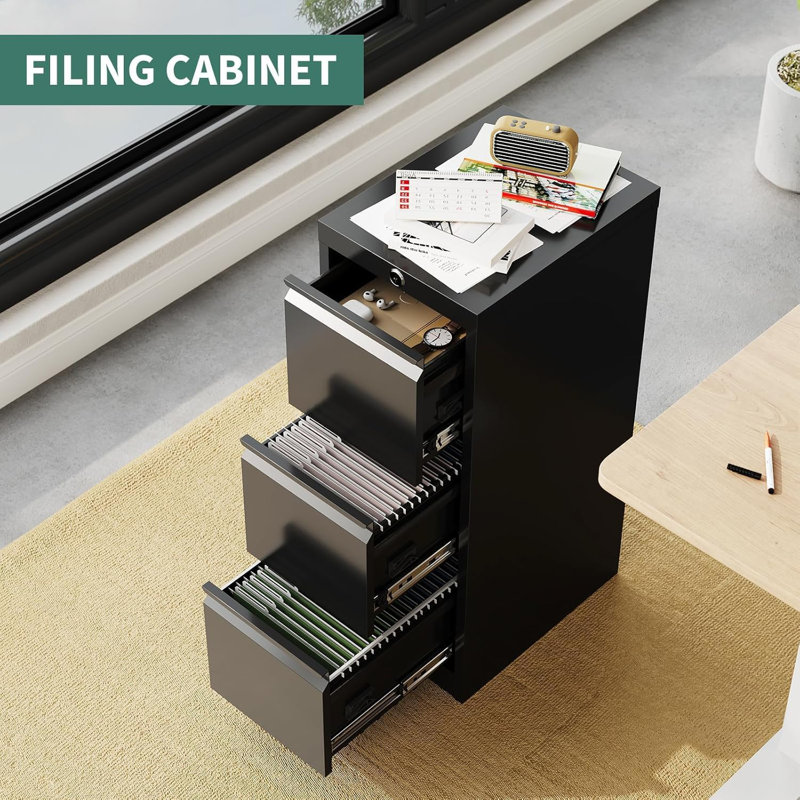 3 Drawer File Cabinet, Metal Filing Cabinet with Lock, A4 File Cabinets with Stationary Tray, Large Capacity, File Storage Cabinets for Home, Office