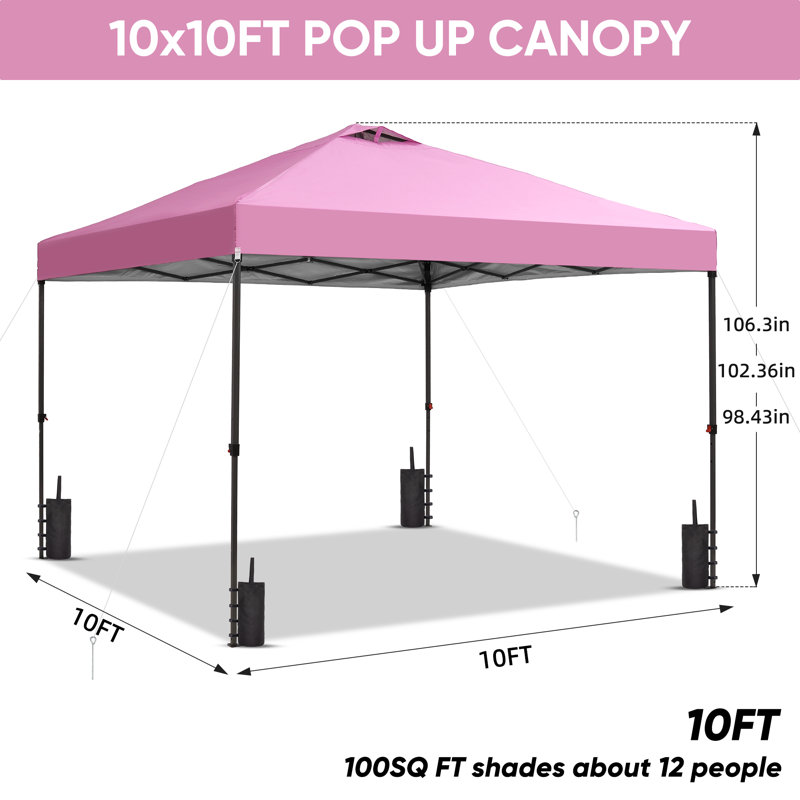 10X10 Pop Up Canopy  Tent With One Push Setup,  Instant Portable Shelter With Sandbags, Pink, Pink, 10 ft. W x 10 ft. D