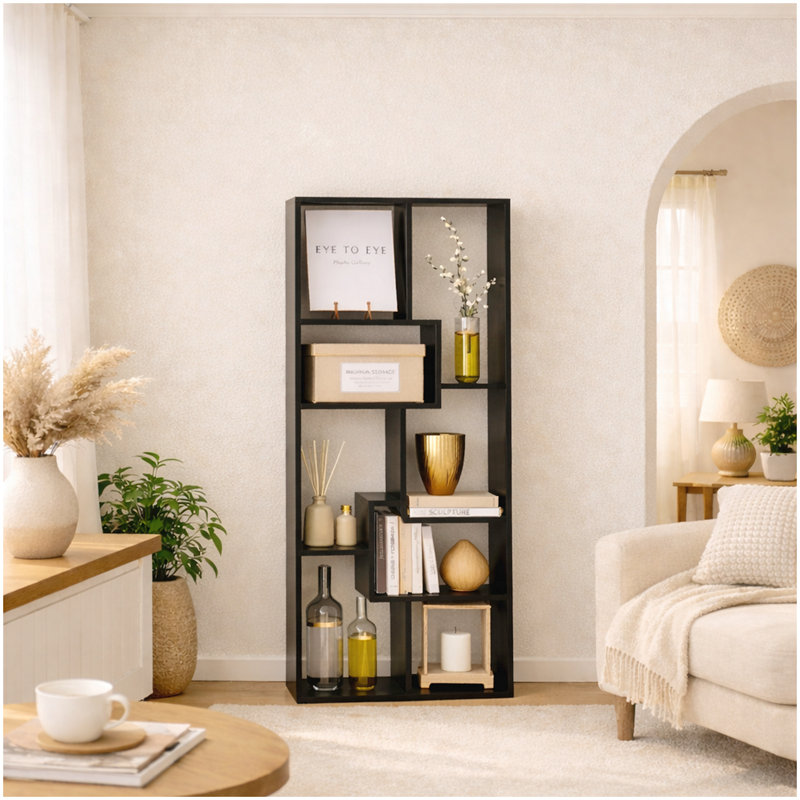 Asymmetrical Display Shelf & Bookcase, 5-Tier, Black, Black