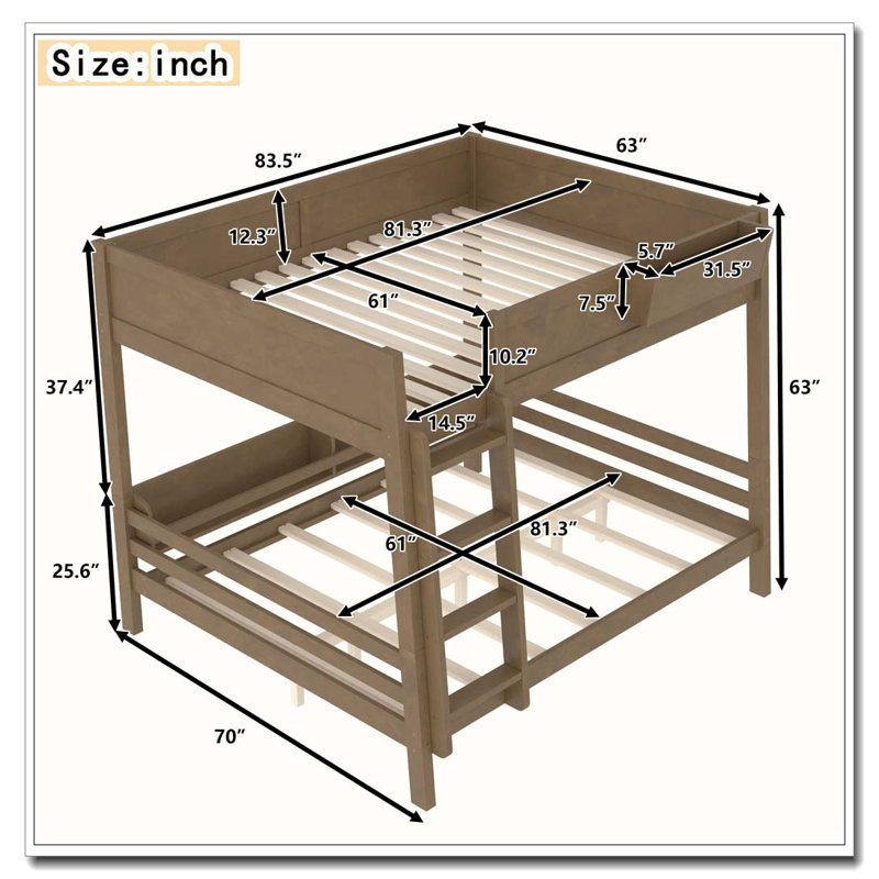 Lit superposé avec tablette de rangement et bibliothèque, lit superposé en bois avec échelle et garde-corps, Grand lit, Brun