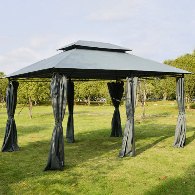 Pavillon de jardin 10 'x 13' - Abri spacieux avec auvent avec rideaux, toit ventilé, formation en acier sauge gris