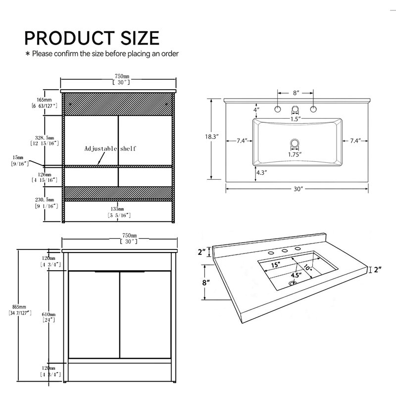 Meuble-lavabo autoportant de 30 po avec lavabo et porte à fermeture en douceur, Grey, 30"
