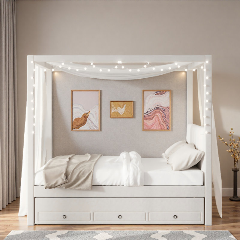 Ernie Upholstered Canopy Storage Bed, Full, Beige