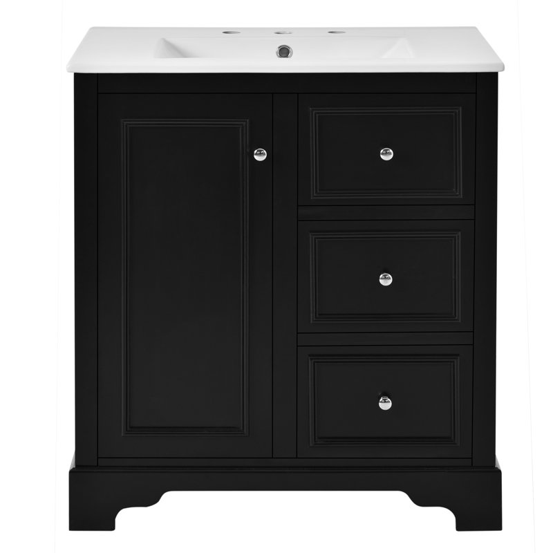 Armoire de meuble-lavabo 30 po avec lavabo en céramique, 3 tiroirs et tablettes réglables, Noir, noir, noir, noir