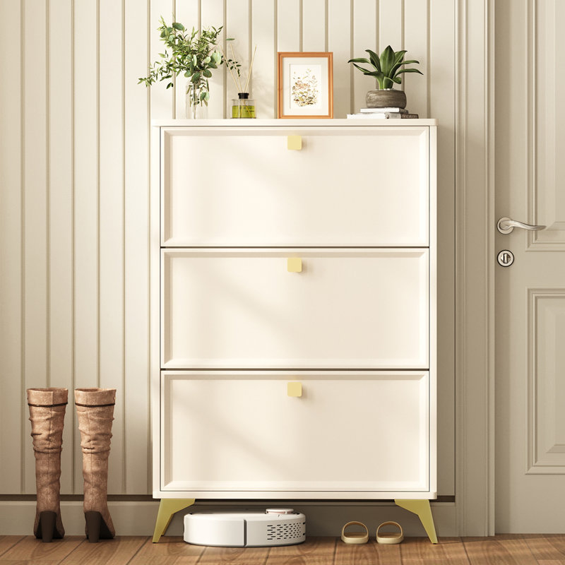 24 Pair Shoe Storage Cabinet with 3 Flip-out Drawers, Cream