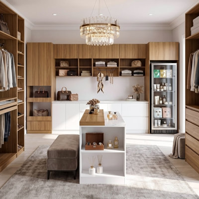 5-Piece Walk-In Closet System | Refrigerator Niche, Vanity Bench With Lighting, Tissue Dispenser & Segmented Storage