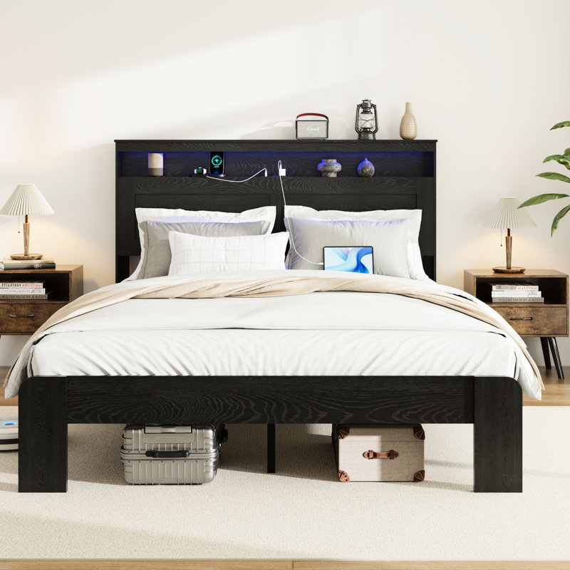 Base de lit pour grand lit: bruit, tête de lit avec rangement pour câbles, 2 sommiers sans sommier et lattes de bois pour la chambre à coucher: tête de lit à DEL, charge, design rétro, noir foncé facile à assembler