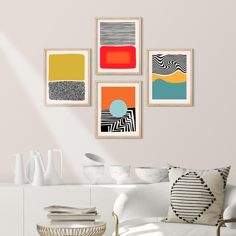 «Mid-Century Modern 1980s», reproduction géométrique encadrée de 4 pièces, H 14 po x l 11 po x P 1 po, Encadré naturel