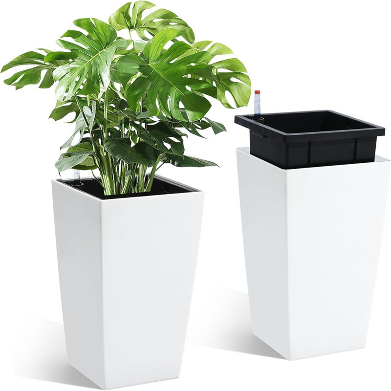 Set of 2 High Front Porch Planter with Water Level Monitor, Drainage Holes, Inner Bucket for Garden, Porch, Patio,White, 16"
